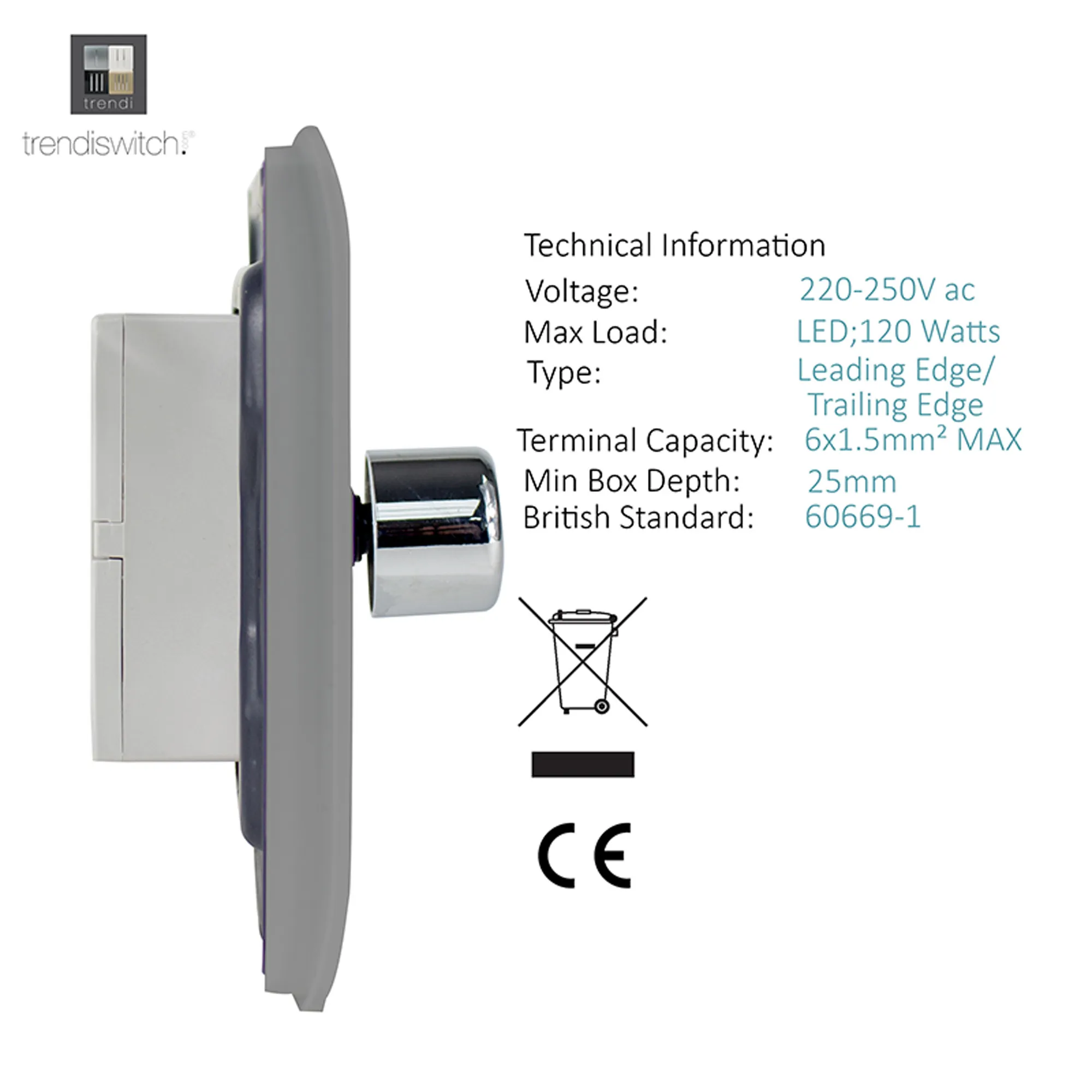 1 Gang 1 Way LED Dimmer Switch Light Grey ART-LDMLG  Trendi Light Grey